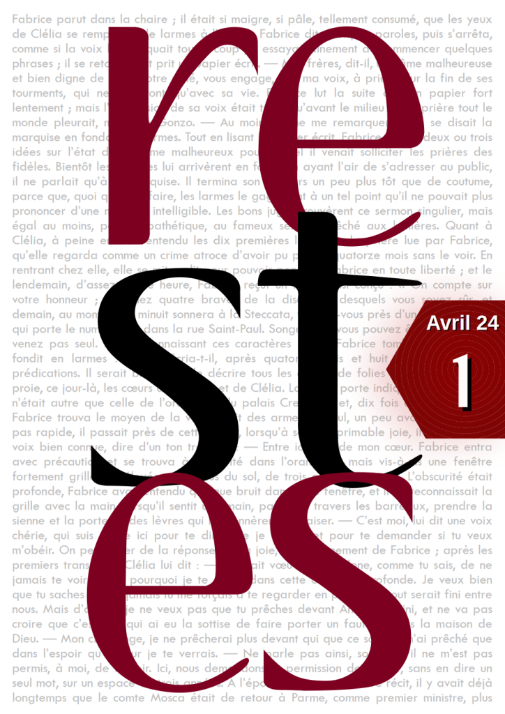 Page de couverture du numéro 1 de la revue Restes, mentionnant le titre en rouge et noir. Un hexagone contient la mention "1" et "Avril 24". On peut accéder à la lecture de la revue en cliquant sur l'image.